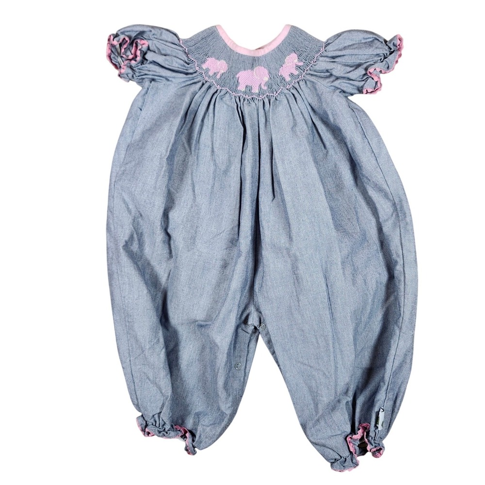 Posh Pickle Bubble Romper Pink Smocked Elephant Blue Micro Check Classic 24M